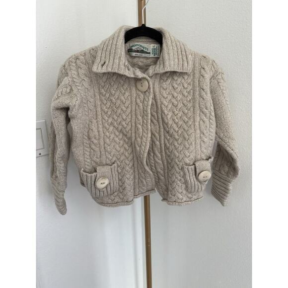 Aran Crafts Shawl Collar Fisherman Cardigan Kids Beige Size XL Merino Wool - Picture 1 of 8